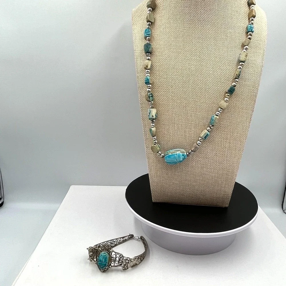 Vintage Egyptian Revival Scarab Beetle Beads Necklace & Filigree Bracelet Set